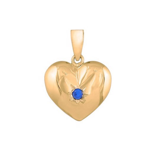 Siersbøl hjertevedhæng i 8 karat guld med syntetisk blå safir – blank overflade, 13 mm.
